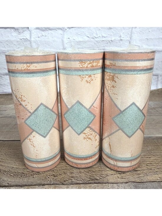 Made in UK Other - VTG Southwestern Geometric Diamond Wallpaper Border Peach Teal Art Deco 16.2 Yds